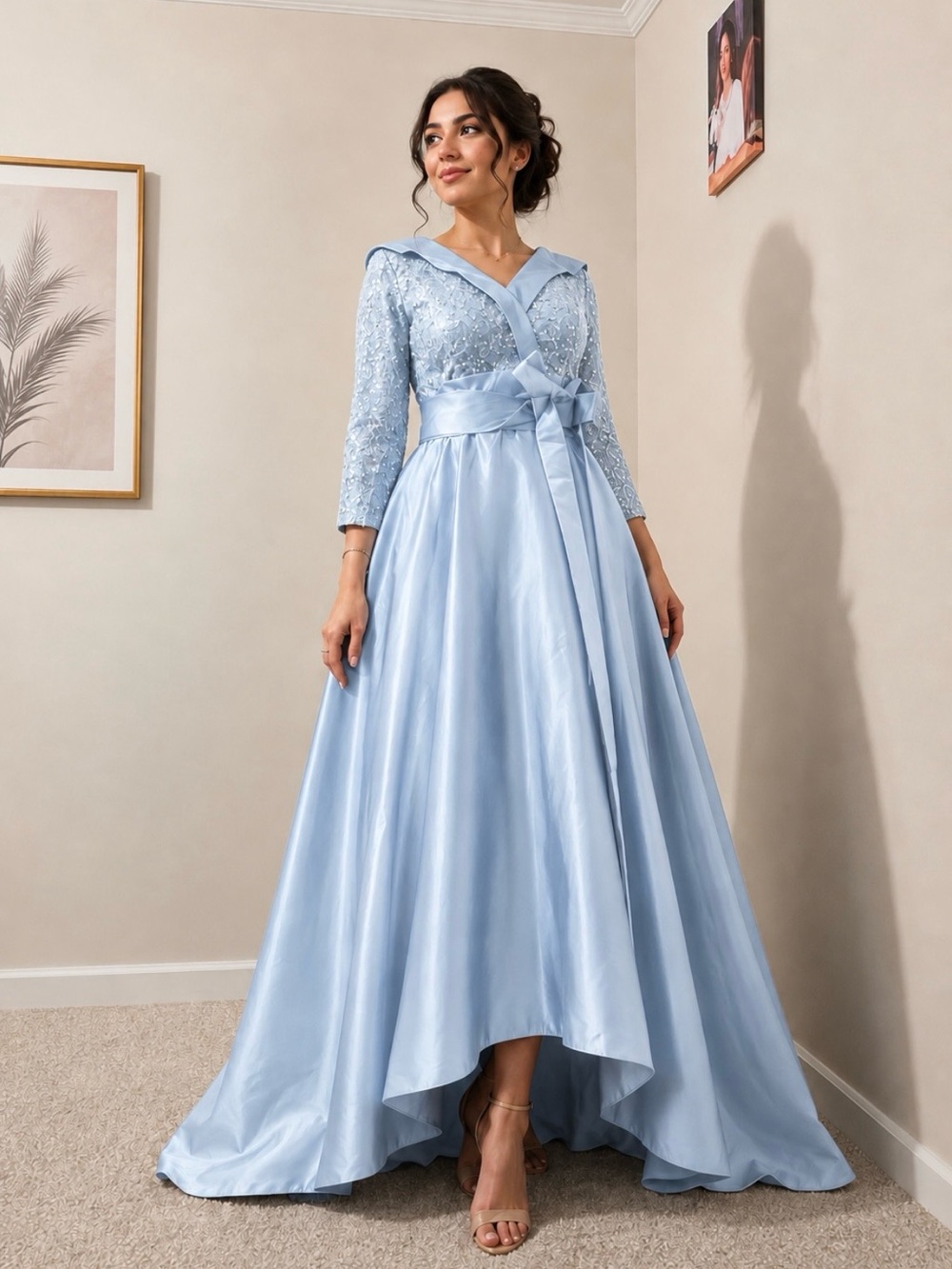 Light Blue ' Formal Satin & sequined bodice,Embroidered Dress with Bow Waist